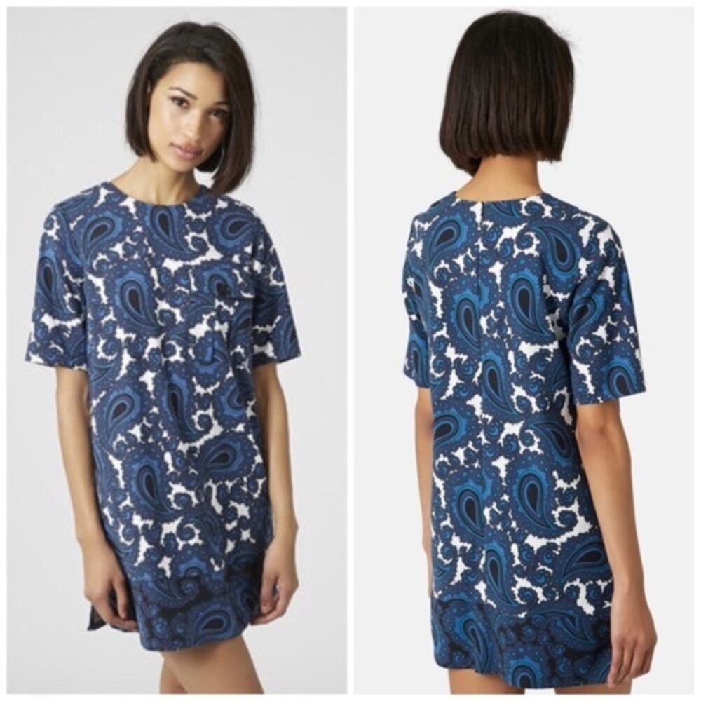 Topshop Paisley Shift Dress Size 2 Blue Retro Mini